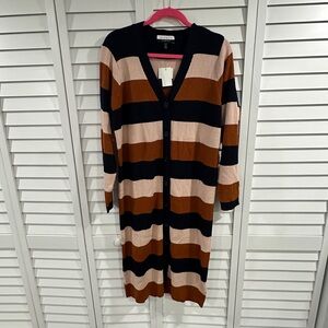 Striped Cardigan Dress - Navy, Brown, and Cream